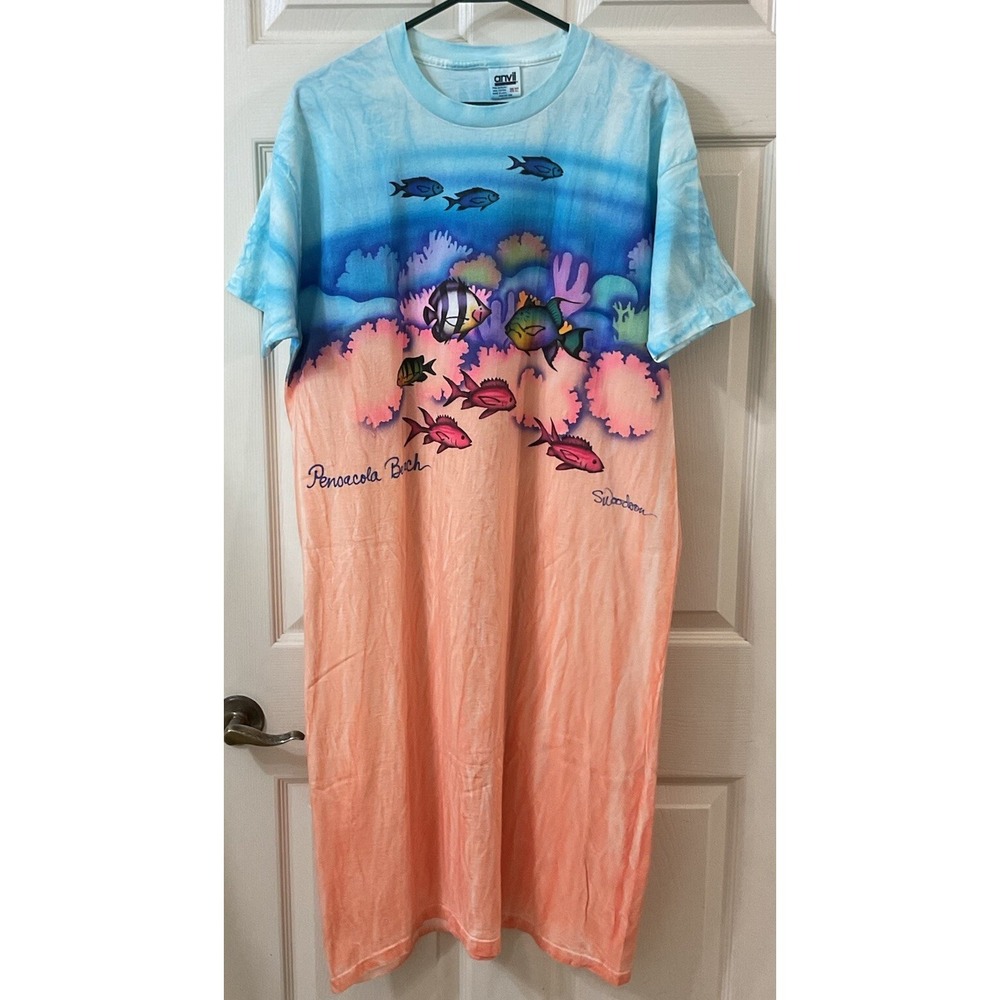 Vtg 90s ANVIL Two Sided Graphic T Shirt Coverup OSFA‎ Tropical Panama Beach READ
